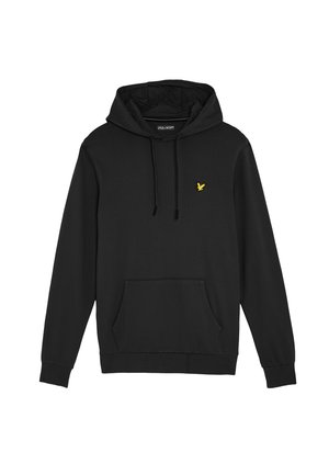 Schwarzer Hoodie aus weichem Material, mit einer vorderen Kängurutasche, Kapuze mit Kordelzug und einem kleinen gelben Adler-Logo auf der Brust.
