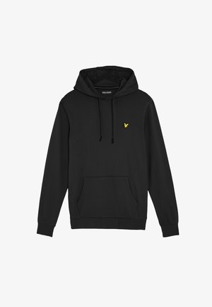 Schwarzer Hoodie aus weichem Material, mit einer vorderen Kängurutasche, Kapuze mit Kordelzug und einem kleinen gelben Adler-Logo auf der Brust.