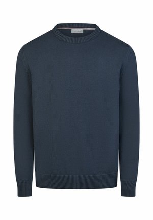 Dunkelblauer Strickpullover mit Rundhalsausschnitt, langen Ärmeln sowie gerippten Bündchen und Saum.