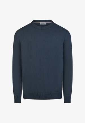 Dunkelblauer Strickpullover mit Rundhalsausschnitt, langen Ärmeln sowie gerippten Bündchen und Saum.