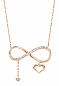 Roséguld infinity-halsband med en glittrande design prydd med kristaller, och ett litet hjärthänge som hänger från en delikat kedja.