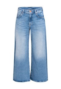 Jean large bleu clair en denim, avec une taille haute, des poches avant et des accessoires en ton cuivre. Texture lisse avec une finition délavée.