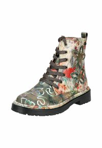 Multicolored ankle boot made of synthetic material, featuring floral cutouts, black laces, rubber sole, and decorative swirling patterns.