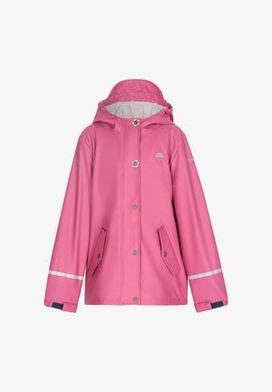 Rózsaszín vízálló dzseki kapucnival, ezüst színű patentgombokkal, két elülső zsebbel és fényvisszaverő csíkokkal a húzózsinórokon. Simára csiszolt anyag.