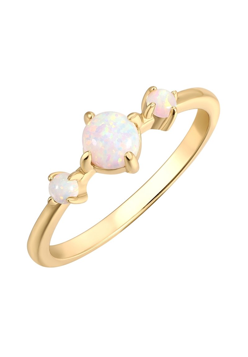 Zlatni prsten s tri opala: jedna velika središnja stijena i dvije manje bočne, sve s poliranim, iridescentnim završetkom.