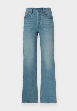 Lichtblauwe denim flared jeans met een hoge taille, decoratieve stiksels en een klassiek ontwerp met vijf zakken. Gladde textuur en subtiele vervaging.