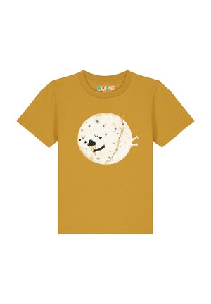 Korte mouwen mosterdgele T-shirt van katoen, met een rond, cartoonachtig ontwerp van de maan met sterren en een detail van een ijsje.