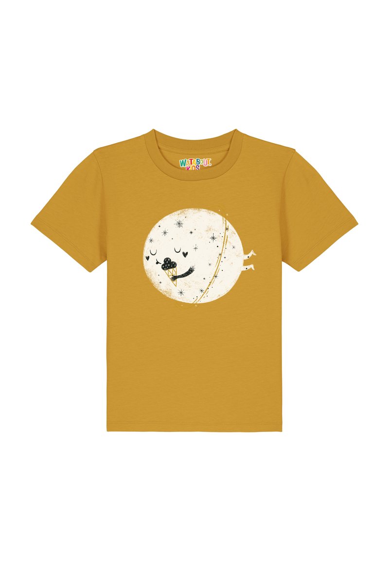 Kurzarmpullover in Senfgelb aus Baumwolle, mit einem runden, cartoonhaften Mondmotiv, versehen mit Sternen und einem Detail in Form einer Eistüte.