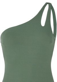 Maillot de bain asymétrique à une épaule en tissu texturé vert olive. Présente un design asymétrique avec un détail découpé près de l'épaule.