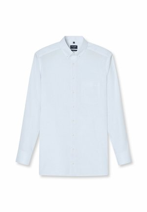 Lichtblauw overhemd met lange mouwen en knoopsluiting, voorzien van een spread collar, voorzak en subtiele gestreepte textuur. Bevat witte knopen en heeft een klassieke pasvorm.