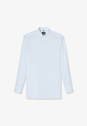 Lichtblauw overhemd met lange mouwen en knoopsluiting, voorzien van een spread collar, voorzak en subtiele gestreepte textuur. Bevat witte knopen en heeft een klassieke pasvorm.