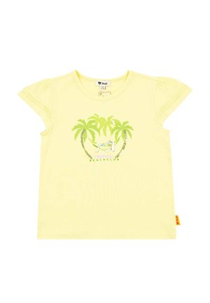 Yellow short-sleeve T-shirt with a green palm tree graphic and "Tropical Beachclub" text. Soft fabric, crew neckline, gathered shoulder details.