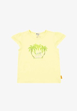 Yellow short-sleeve T-shirt with a green palm tree graphic and "Tropical Beachclub" text. Soft fabric, crew neckline, gathered shoulder details.