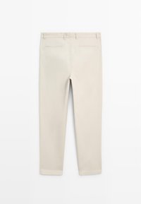 Light beige trousers with a smooth texture, straight-leg design, and two back pockets. Clean finish with no visible hardware accents.