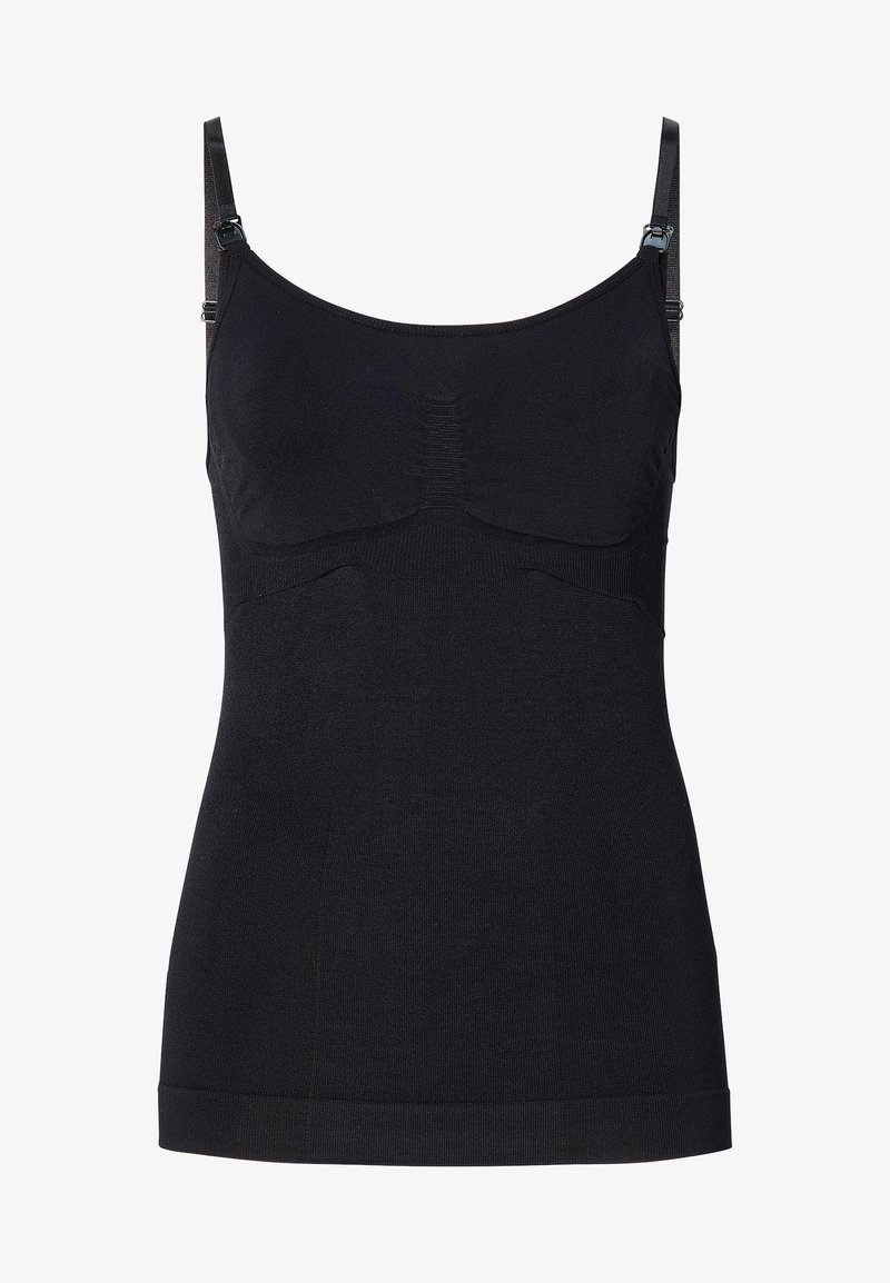 Schwarzes Trägershirt mit verstellbaren Trägern, das eine figurbetonte Passform, gerippte Struktur und weichen Stoff aufweist. Keine sichtbaren Muster oder Hardware-Details.