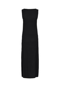 Robe longue noire sans manches avec un col rond et une fente sur le côté gauche, présentée sur fond blanc.