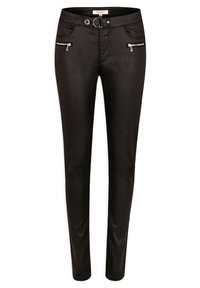 Czarne jeansy slim-fit wykonane z denimu o gładkiej teksturze, z paskiem w talii, kieszeniami na zamek i eleganckim fasonem.