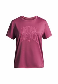 Short-sleeve, athletic t-shirt in vibrant magenta, made of smooth, moisture-wicking fabric, featuring "UNDER ARMOUR" logo in contrasting white.