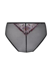 Schwarze Netzunterwäsche für Frauen mit floraler Stickerei in den Farben Pink, Lila und Grün entlang der Rückseite. Elastischer Bund.