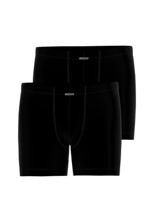 Zwei schwarze Herren-Boxershorts mit sichtbaren Nähten und kleinem Markenlabel mittig am Bund, vorne und hinten gezeigt.