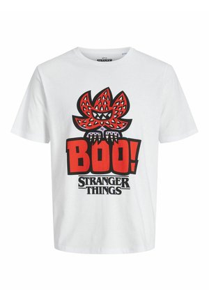 White cotton t-shirt featuring a bold red graphic with "Boo!" and "Stranger Things," accented with a stylized creature design.