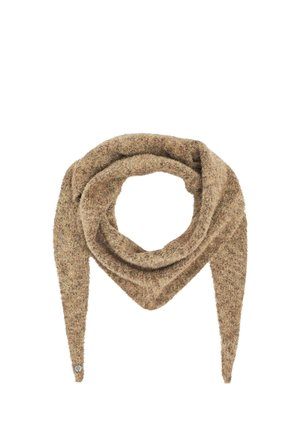 Soft brown triangular knit scarf with fuzzy texture, wrapped in a loop with two long pointed ends.