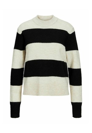 Suder con rayas negras y crema, de cuello alto, mangas largas y un acabado suave y texturizado. Las rayas horizontales varían en ancho.