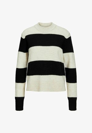 Juodas ir kremas juostuotas megztinis su aukštu kaklu, ilgomis rankovėmis ir minkštu, tekstūruotu paviršiumi. Horizontalios juostos skiriasi pločiu.