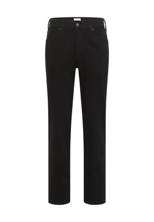 Fekete farmernadrág klasszikus egyenes szabással, öt zsebbel, elülső gombos záródással és apró varrási részletekkel.