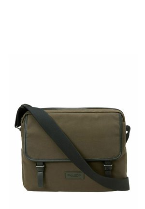 Olive green rectangular messenger bag with black adjustable shoulder strap and front flap with two buckle straps.