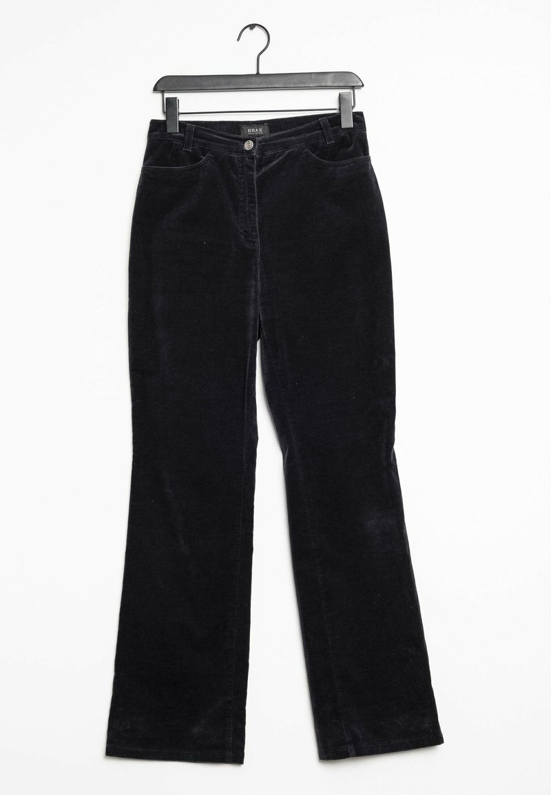 Black corduroy flared trousers with a zip fly, two front pockets, and a button closure. Soft texture and prominent vertical ribs.