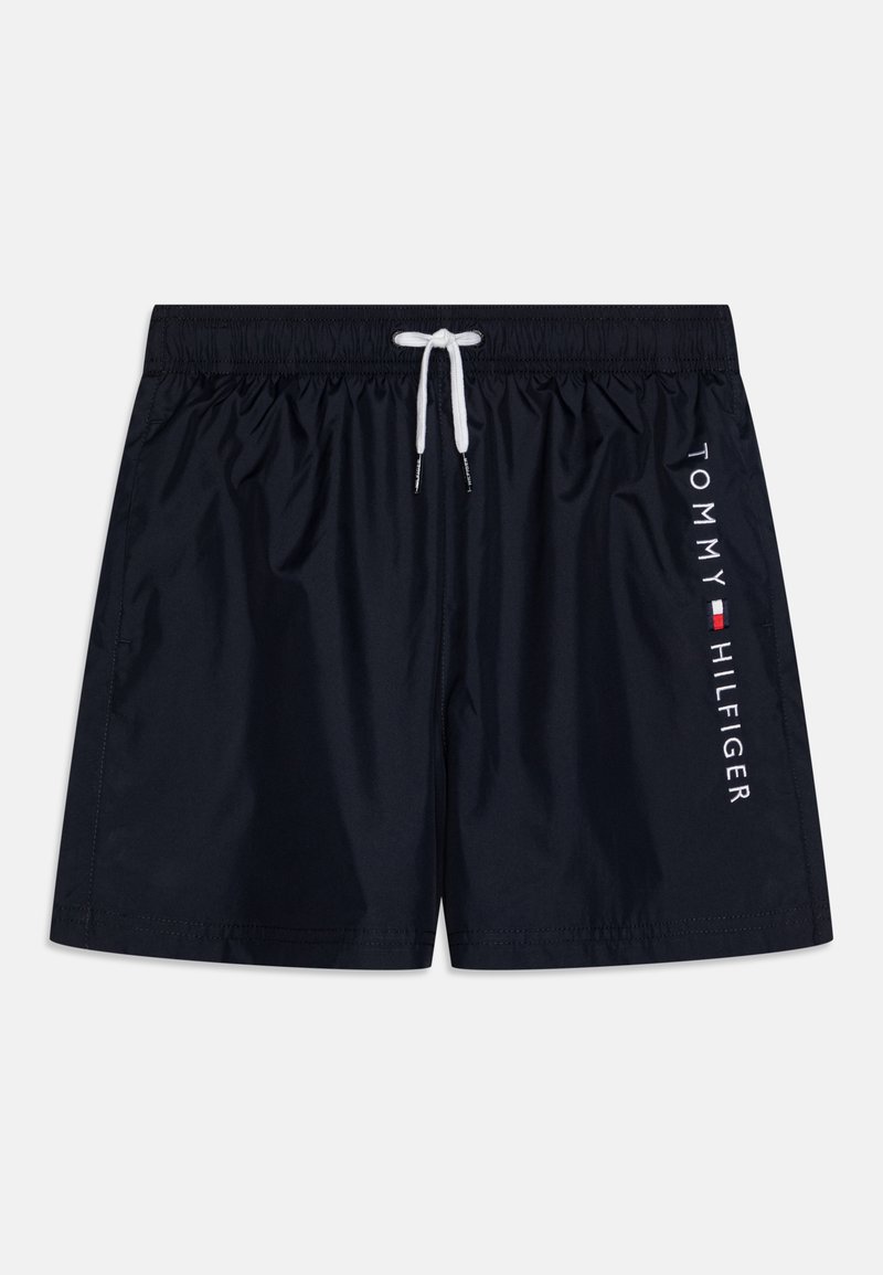 Pantaloni da bagno neri realizzati in tessuto leggero, dotati di una vita elasticizzata con cordino bianco e dettagli del logo bianco "TOMMY HILFIGER".