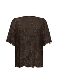 Blouse noire en dentelle à manches courtes avec des motifs floraux et des bords festonnés aux manches et à l'ourlet, vue de dos sur fond blanc.