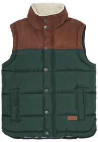 Chaleco acolchado verde con paneles de ante marrón en los hombros, botones de presión plateados y bolsillos laterales. Interior forrado con un patrón de cuadros.