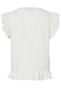 Blouse blanche sans manches avec emmanchures et ourlet à volants, vue de dos, en tissu léger et légèrement texturé.