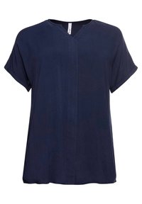 Námořnická modrá blůza s krátkým rukávem v uvolněném střihu, s výstřihem do V a vertikálním švem, vyrobená z lehké a hladké látky.