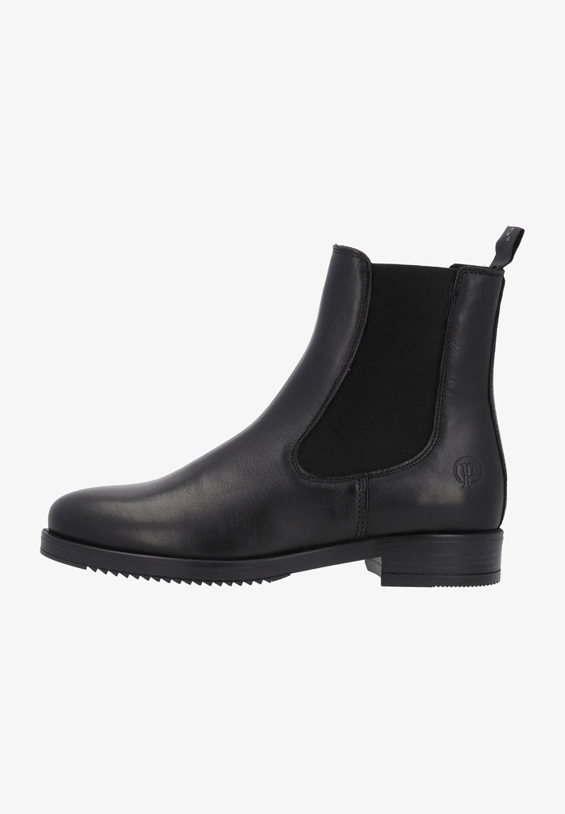 Botte Chelsea en cuir noir avec panneau latéral élastique, talon bas, languette de traction et logo discret embossé sur le côté extérieur arrière.