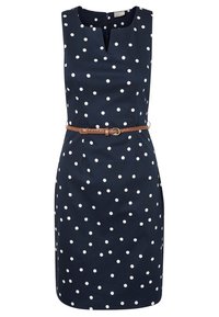 Marineblaues ärmelloses Kleid mit weißen Punkten, V-Ausschnitt und einem braunen geflochtenen Gürtel in der Taille. Glattes Material und taillierte Passform.