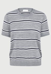 Light gray short-sleeve knit sweater with horizontal navy and white stripes, crew neckline, and ribbed cuffs and hem.
