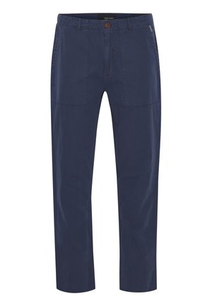 Pantalones de algodón azul marino con un corte relajado, que cuentan con dos bolsillos frontales, un bolsillo trasero y un cierre de botón en la cintura.