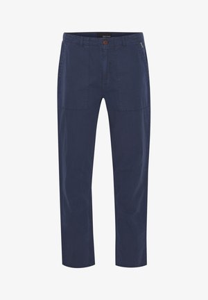 Granatowe bawełniane spodnie o luźnym kroju, z dwoma przednimi kieszeniami, jedną tylną kieszenią i zapięciem na guzik w talii.