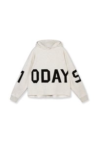 Sudadera con capucha de color gris claro que presenta un gran texto negro que dice "7DAYS" en el frente y las mangas. Tejido suave y casual con un corte relajado.