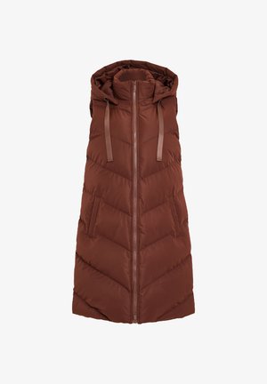 Bruine, mouwloze puffer vest met chevronstiksel, ritssluiting aan de voorkant en een trekkoordkap. Voorzien van twee zijzakken en een gladde textuur.