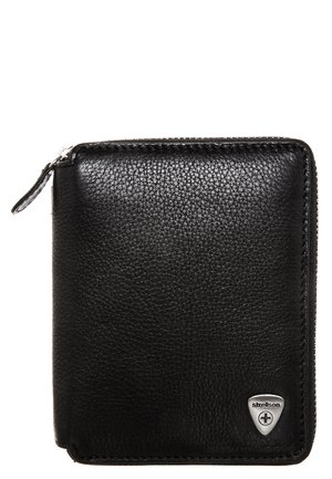 Black leather wallet with a textured surface, zip closure, and a silver logo accent on the bottom right corner.