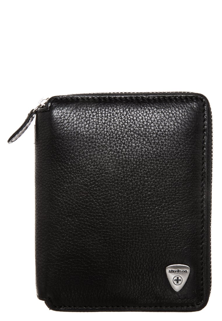 Portafoglio in pelle nera con superficie texture, chiusura con zip e un logo argentato nell'angolo in basso a destra.