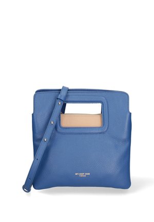 Blå tekstureret lædertaske med rektangulært udskåret håndtag, aftagelig rem og lille beige pung indeni, "MY-BEST BAG FIRENZE" guldlogo.