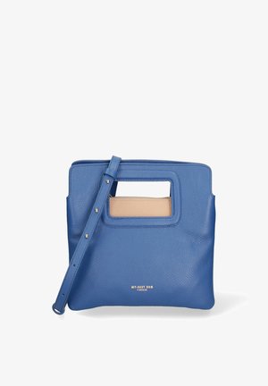 Blå tekstureret lædertaske med rektangulært udskåret håndtag, aftagelig rem og lille beige pung indeni, "MY-BEST BAG FIRENZE" guldlogo.