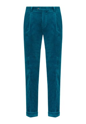 Teal Cordhosen im geraden Schnitt, mit Knopfverschluss, seitlichen Taschen und umgeschlagenen Säumen, die eine gerippte Textur zeigen.