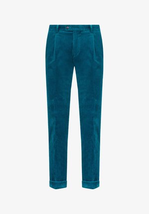 Teal corduroy trousers with a straight cut, featuring a button closure, side pockets, and rolled cuffs, showcasing a ribbed texture.