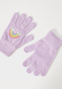 Pair of light purple knit gloves, one decorated with a rainbow design featuring clouds, laid flat on a white surface.